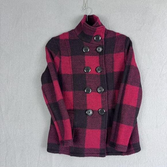 Keren Hart Coat Womens Large Red Black Buffalo Plaid Wool Peacoat Stand Collar - Picture 4 of 13